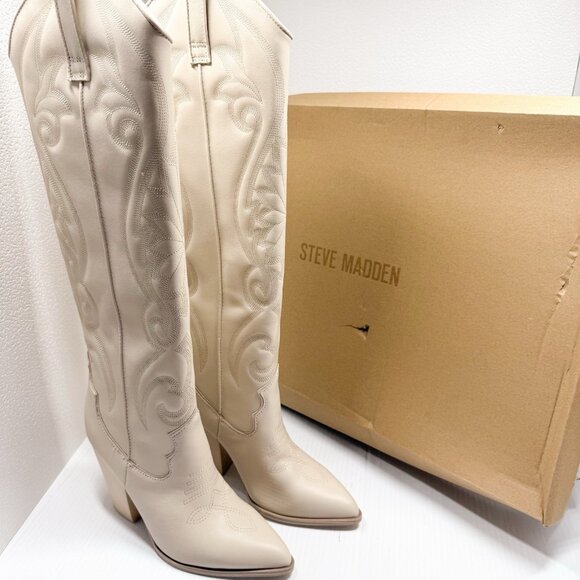 Steve Madden Lasso Cowboy Western Tall Boots Bone Leather Size 7 Women’s NWT - Picture 12 of 12